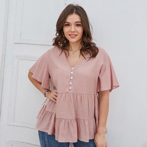 Plus Size T Shirt Oversized Top V Neck Button Summer Loose Casual Holiday Vestidos Mujer Camisas 2021 New