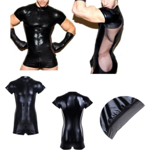 Fetish Gay Wetlook PVC Leather Male Bodysuit Jumpsuit Flank Transparent Mesh Sissy Rompers Sexy Pole Dance Pants for Men Gay