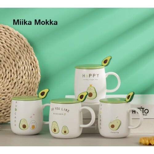 Cute 460ml Ceramic Avocado Coffee Mug with Lid Spoon Water Tea Cup with Handgrip Japan Korean Style Coffee Cup Home Drinkware