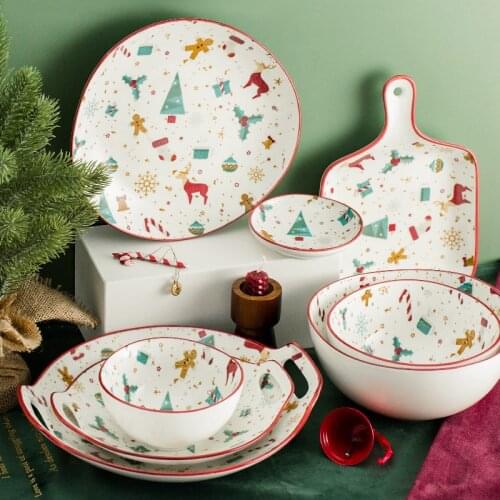 Ceramic Cutlery Ins Popular Under Glazed Dish Christmas Tree Dinnerware Sets Elk Red Layer Home Kitchen Use Bowls