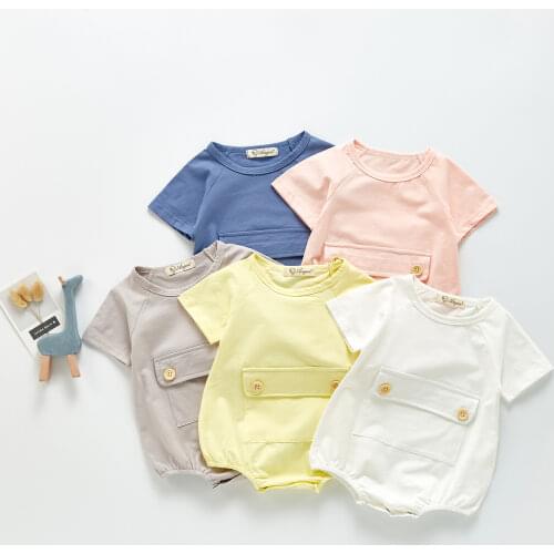 Unisex New Born Baby Romper Items 2021 Summer Pure Cotton Baby Clothes Big Pocket Candy Color Pullover Infant One Piece Jumpsuit