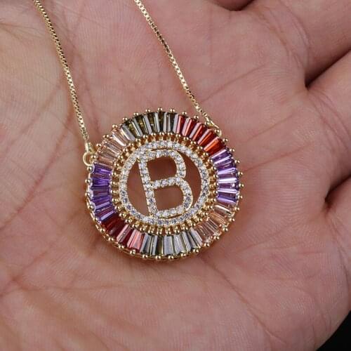 Micro pave rectangle rainbow crystal cz zircon gold 26 initials alphabet letter A-Z charm gold chain pendant choker necklace