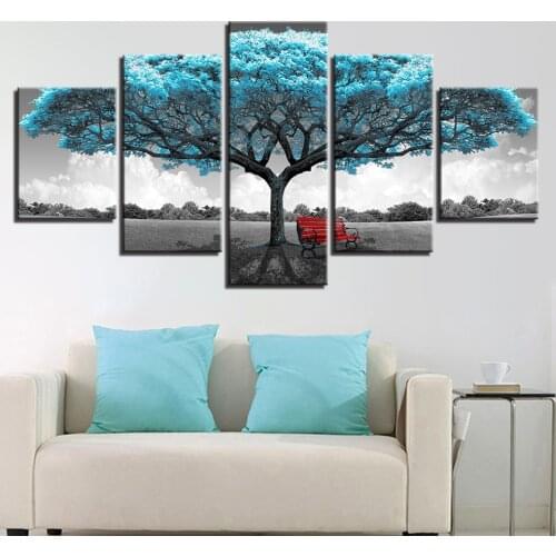 Modern Printing Type Painting Modular Fashion Picture Wall Art 5 Panel Blue Tree Canvas Home Decoration For Living Room