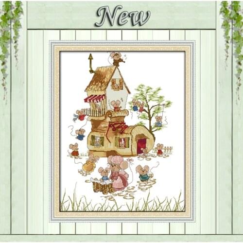 The mouse family cute house garden painting Counted Printed on canvas DMC 11CT 14CT Cross Stitch kits Needlework Sets embroidery