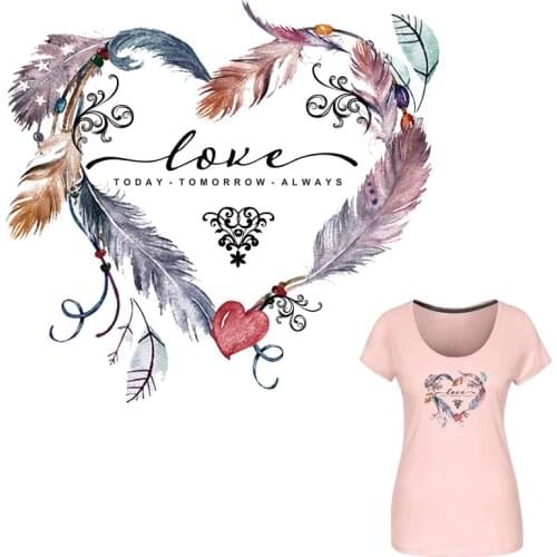 COSBILL Lovely Heart Patches For Clothing Watercolor Feather Iron On Transfers T-shirt Washable Decoration Applique Y-130