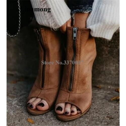 New Fashion Suede Leather Peep Toe Suede Leather Stiletto Heel Short Gladiator Boots Cut-out Zipper-up High Heel Ankle Booties