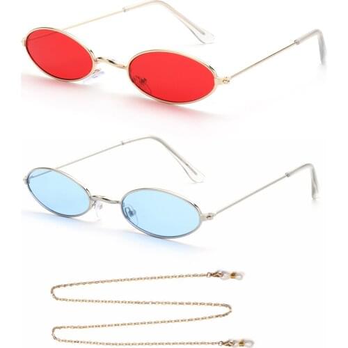 Alloy Retro Small Frame Oval Sunglasses With Chain Vintage Shades Women Outdoor Beach Cycling Metal Fashion Summer Sun Glasses