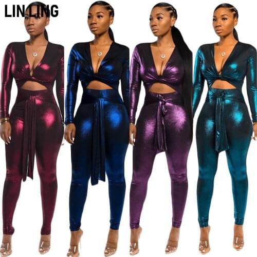 LINLING Solid Close Fitting Long Sleeve Hollow Out Sexy V-neck Knot Waist Top + Slim Strap Pencil Pants Suit