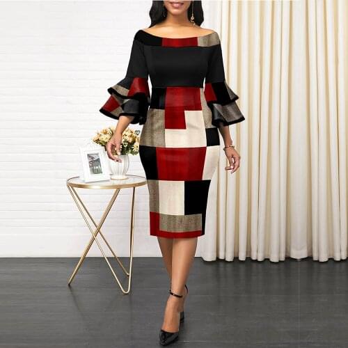 OTEN Women Bodycon Party Dress Contrast Color Off Shoulder Ruffles Long Sleeves Slim Evening Dating Robes Female Tunics Vestidos