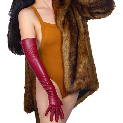 Super Long Leather Gloves 60cm Over Elbow Simulation Leather Imitation Sheepskin PU Deep Wine Red Crimson PUSH60