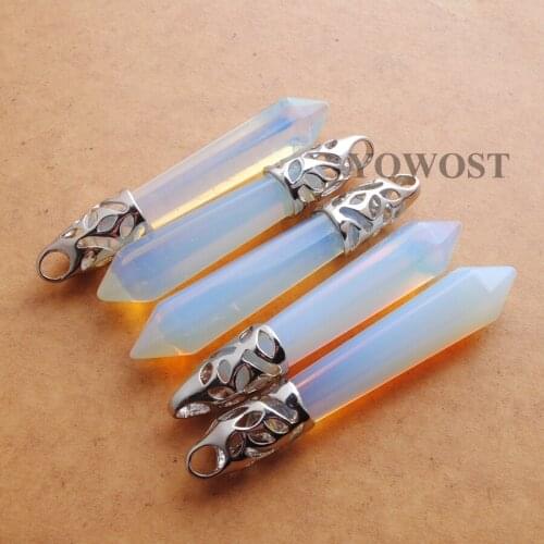 Dangle Pendants Hexagonal Gem Stone Opal Pointed Reiki Chakra Beads Natural Healing Pendulum Jewelry Wholesale 5Pcs QN3006