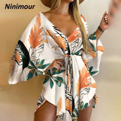Summr Casual Daily Wear V Neck Floral Print V-Neck Batwing Sleeve Tie Front Mini Dress Cute Irregular Asymmetric Boho Outfits
