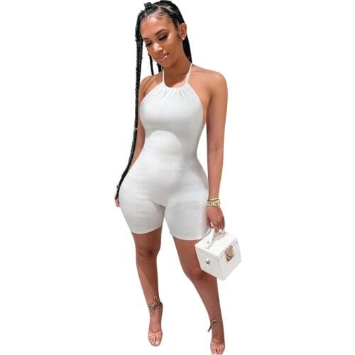 Casual Fitness Knit Rib Solid Playsuit Romer Women Jumpsuit 2021 Sexy Halter Backless Shorts Bodycon Jumpsuit Women Overalls