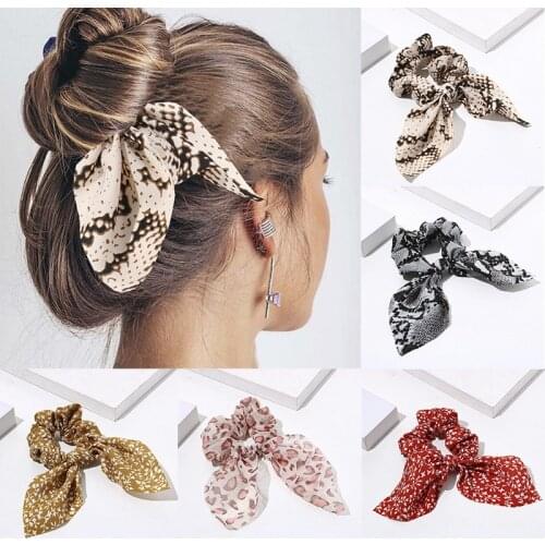Fashion Leopard Print Bow Satin Long Ribbon Ponytail Scarf Hair Tie Scrunchies Women Girls Elastic Hair Bands Hair Accessories