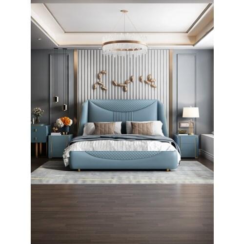 Master bedroom luxury bed soft bed modern minimalist fashion atmosphere Italian minimalist leather wedding blue bed