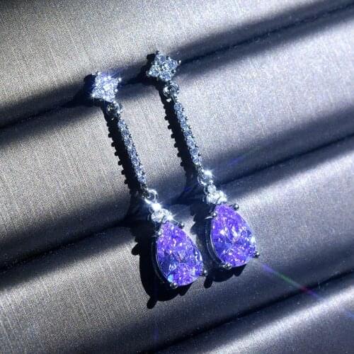 Luxury Purple Crystal Drop Earrings Fashion Dangle Water Drop Zircon S925 Fine Jewelry For Women Wedding Valentines Day Gifts