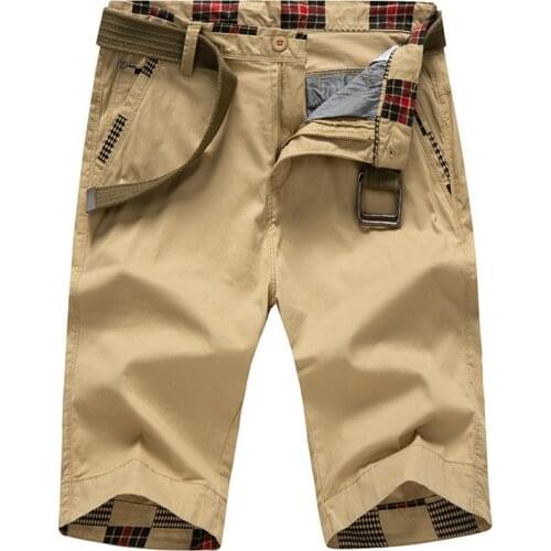 Summer Cargo Short Men Pure Cotton Mid-waist Knee Length Casual Shorts Men Solid Color Bermuda Masculina Men Clothing No Belt