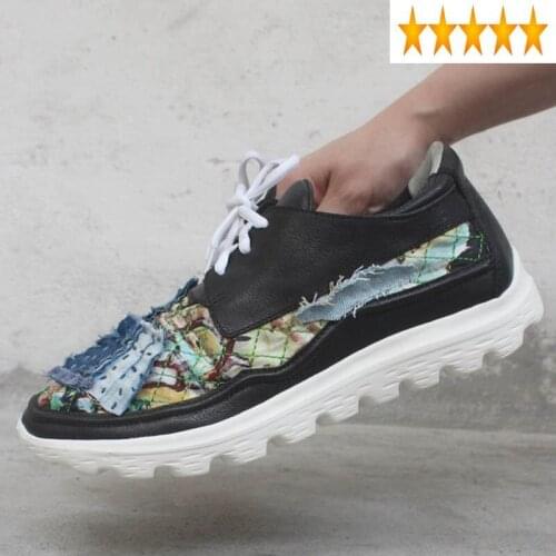 Mixed Personality Real Leather Patchwork Colors Patchs Mens Casual Lace Up Thick Bottom Breathable Vintage Shoes