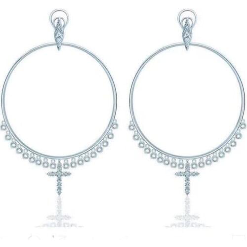 SOELLE Fashion Real 925 Sterling Silver Waterdrop Crystal Tassel Hoop Earrings with Cross for Women Luxury Brand Jewelry Gift
