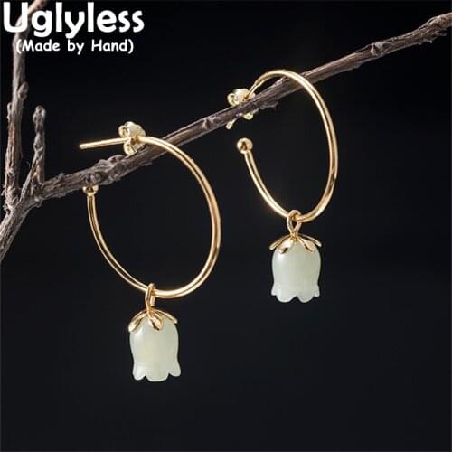 Uglyless Lily of the valley Flowers Natural Hotan Jade Earrings for Women 925 Silver Ear Hooks Elegant Gemstones Floral Jewelry