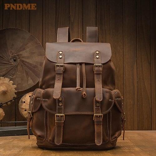 Outdoor travel genuine leather mens large-capacity backpack fashion vintage natural crazy horse leather casual student bookbag