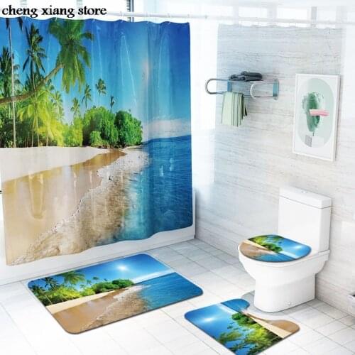 The sea coconut trees Pattern Waterproof 3D Digital Printing Shower Curtain Toilet Cover Bath Mat Non-Slip Rug Partition curtain