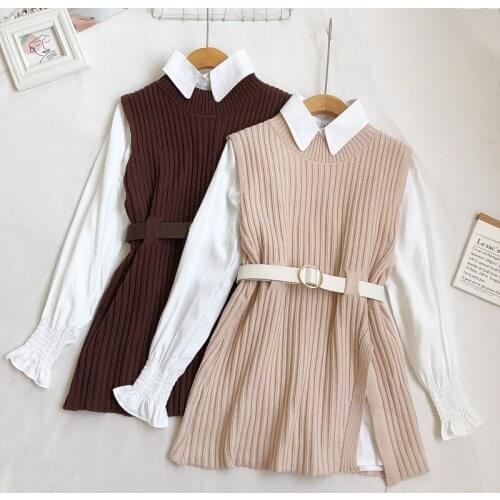 Gowyimmes 2021 Autumn Two Piece Blouses +Kinitted Fashion Women White Shirt Lady Long Sleeve Blusas Basic Tops Bottomings PD947