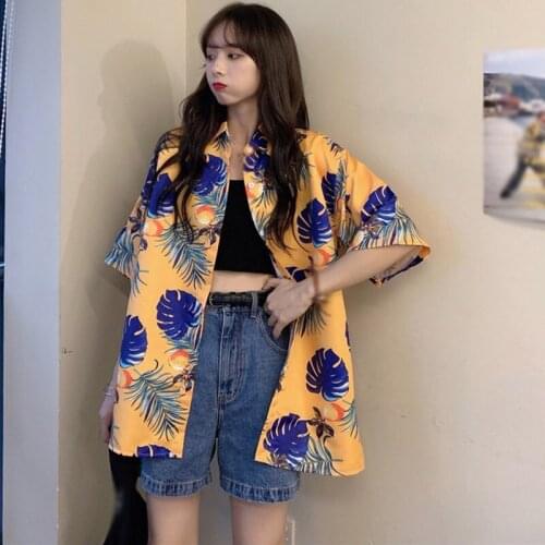Retro Beach Style Short Sleeve Print Women Blouses Tops Turn-down Collar Button Women Blouses Casual Top 2020
