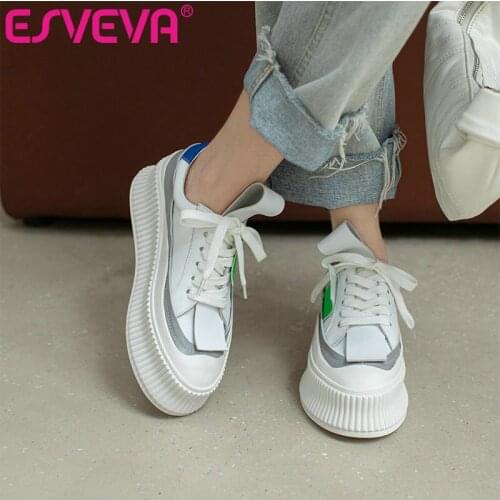 ESVEVA 2022 Genuine Leather Fashion Casual Shoes White Flat Heel Women Ankle Boots Size 34-39