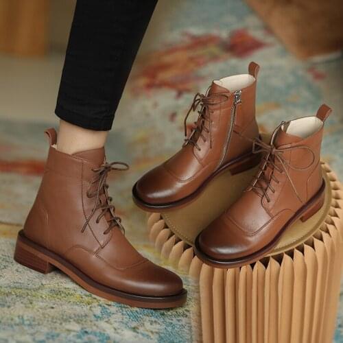 Genuine Leather Handmade Women Boots New Lace-Up Womens Shoes Spring/Autumn Side Zipper Retro Thick Heel Ankle Boots Size 34-39