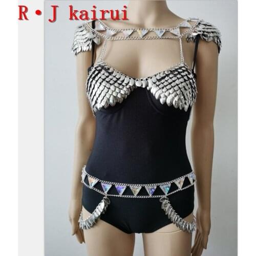 New RJFS06 Fashion Women Colorful Acrylic Beads Silver Fish Scale Neck Shoulder Chains Unique Scalemail Mermaid Costume Chains