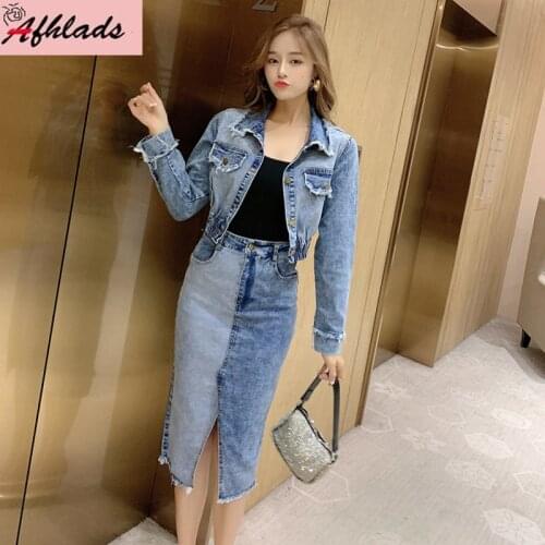 New Denim Two-Piece Sets Turn-Down Collar single-breasted Cardigan Jacket + Patchwork Bodycon split Skirt Women Outfits