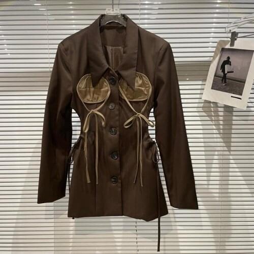 Bold Design Drawstrings Slim Waist Women Chic Suit Blazer Runway Style Fashion Jacket