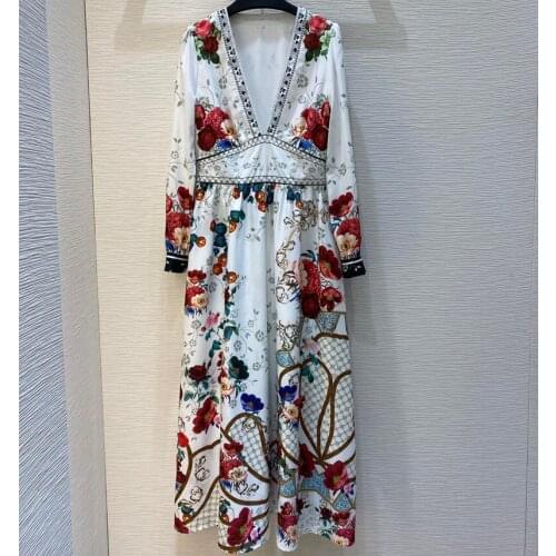 2021 runway spring women elegant floral printed long sleeve dresses female bohemian holiday v-neck maxi dress y394