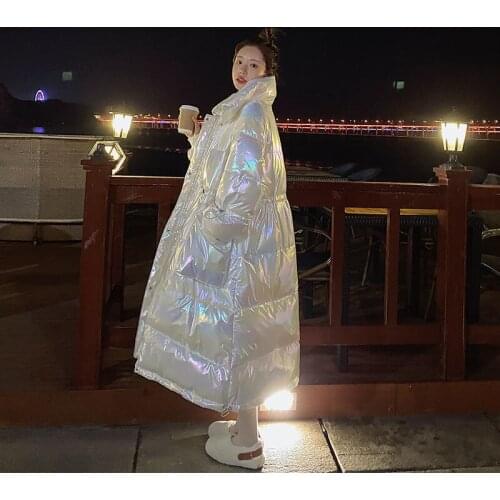 Women Coat White Winter Fasion Jacket Loose Bright Draw String Colorful Jacket Waisted Loose Cotton PaddedBig Pocket Parka