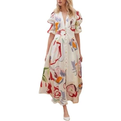Summer 2021 European And American New Womens Dress Slim Large Swing Chiffon Print V-Neck Single Breasted High Waist Dress