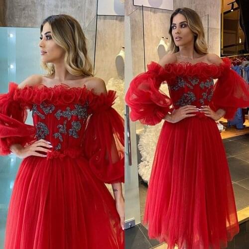 2020 Ankle Length Red Evening Dresses Strapless A Line Ruffles Appliques Beads Cheap Prom Dresses Custom Made Long Sleeve Formal