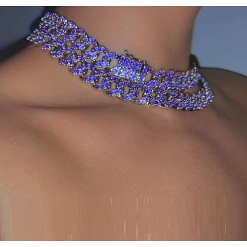 12mm Miami cuban link chain choker micro pave purple blue cz hip hop women necklace 16" 18"