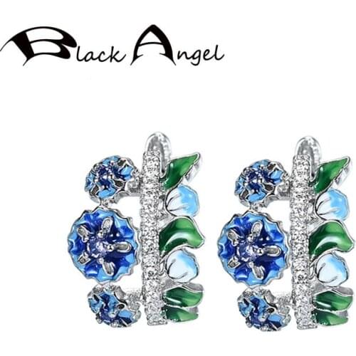 BLACK ANGEL Fashion Blue Enamel Three Flowers Earrings 2020 New 925 Silver CZ Gemstone Wedding Clip Earrings Jewelry Wholesale