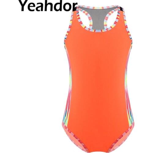 Kids Girls One-piece Swimwear Jumpsuit Beachwear Round Neck Sleeveless Racer Back Open Back Bodysuit for Beach Swimming Bathing