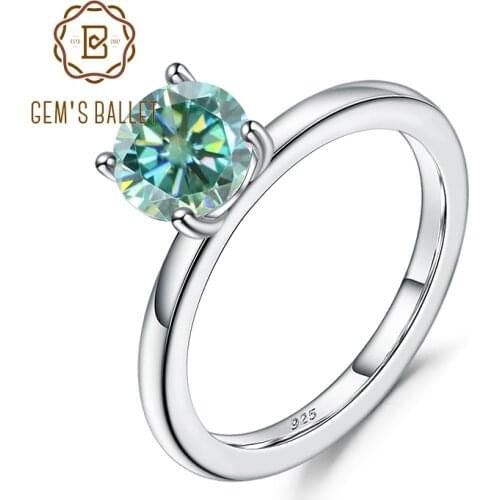 GEMS BALLET 925 Sterling Silver Moissanite Ring 1Ct 2Ct 3 Ct Flat Shoulder 4-Prong Round Moissanite Solitaire Engagement Ring