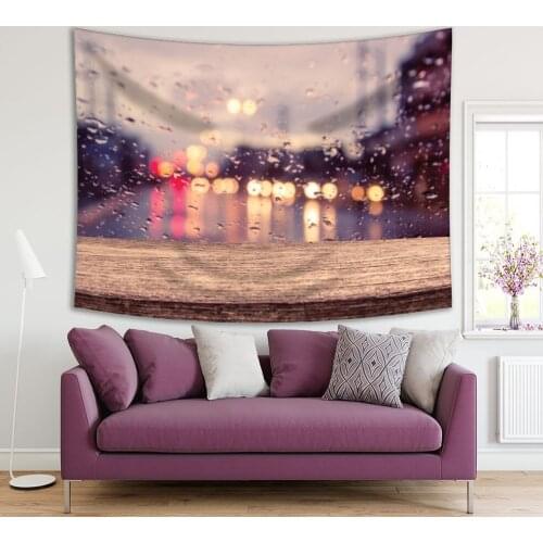 Tapestry Wooden Table with Blur Traffic View through a Car Windscreen Covered in Raindrops Rainy Evening Picture Brown Yellow