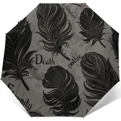 Gothic Romantic Black Bird Feathers Windproof Automatic Folding Inverted Umbrella Portable Paraguas for Man Woman
