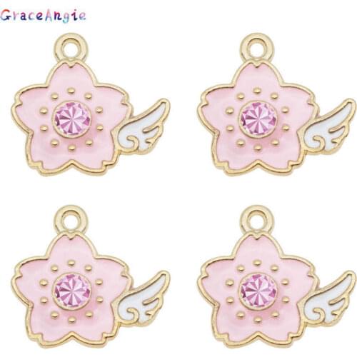 GraceAngie 5pcs 10pcs Alloy Enamel Pink Flower Charms With Rhinestone for Women Bracelet Pendants Making Accessory 19*20mm