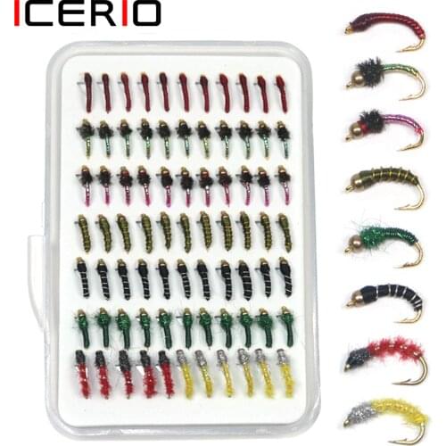ICERIO 77pcs Beadhead Nymph Fly Trout Fishing Flies John Wood Caddis Bluegill Crappie Makerel Fishing Lures