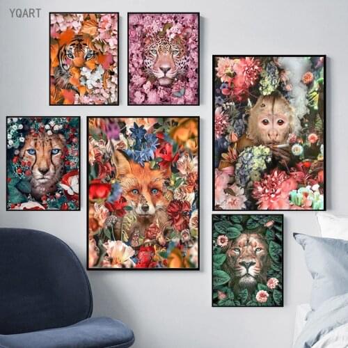 YQART Lions Surrounded By Flowers Oil Painting on Canvas Colorful Animals Posters and Prints Picture for Modern Home Decoration