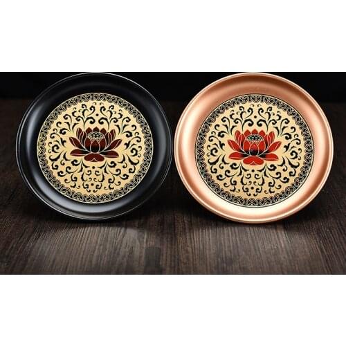 Chinese Tang Dynasty Royal Classic Black Red Lotus Colored Drawing Fruit Plate Fortuna Tribute Dish Buddhist Decorative Tray