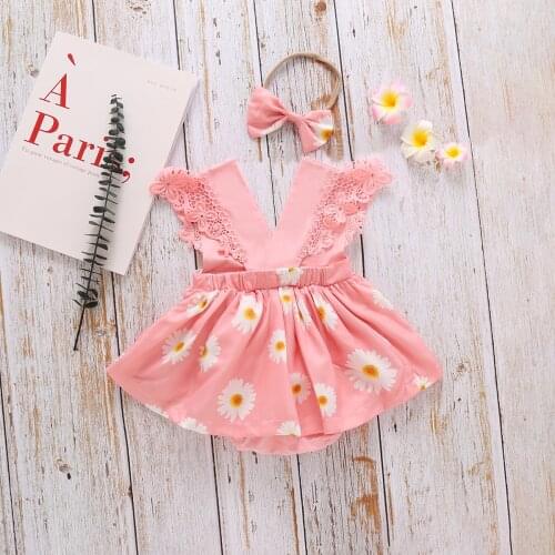 0-24M Newborn Baby Girls Boys Romper Dress Headband 2pcs Flowers Print Lace Ruffles Sleeve Jumpsuits