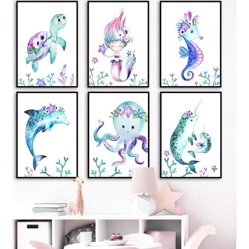 Cute Mermaid Octopus Turtle Dolphin Girl Nordic Posters And Prints Wall Art Canvas Painting Wall Pictures Baby Kids Room Decor