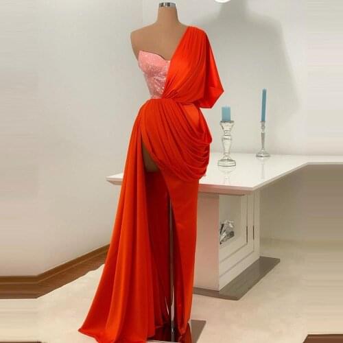 Charming One Shoulder Satin Evening Dresses Sexy High Slit Prom Gowns Custom Made Vestidos Da Donna Pageant Dress Plus Size
